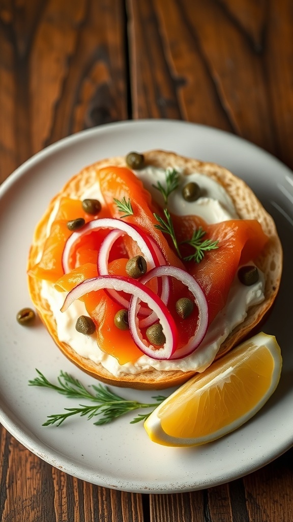 Toasted bagel topped with cream cheese, smoked salmon, red onion, and capers on a wooden table.
